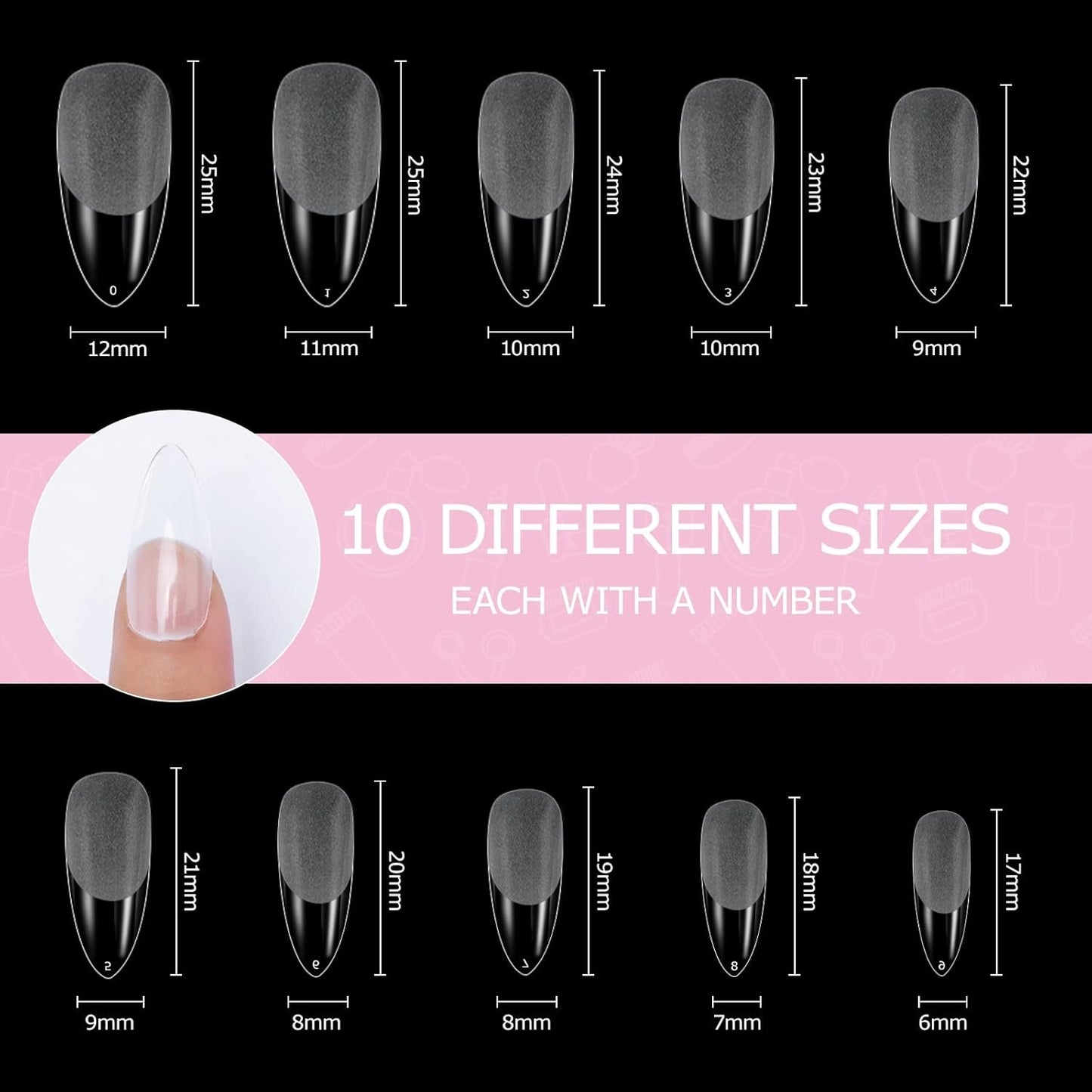 Tipi di unghie, 500 punte per unghie finte acriliche artificiali con scatola di immagazzinaggio per saloni di bellezza e nail art fai da te per la casa, 10 dimensioni