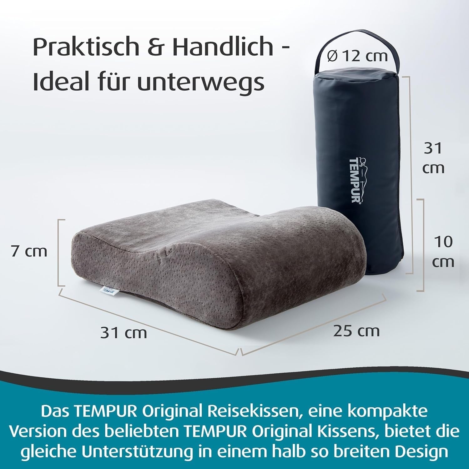 TEMPUR Cuscino da Viaggio in Memory Foam, Cuscino per Collo ergonomico, Borsa per Il Trasporto Inclusa, Antracite, Dimensioni 25 x 31 x 10/7 cm