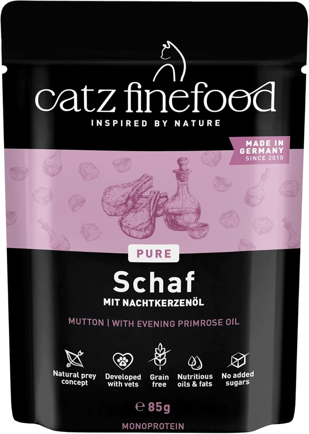 Alimento umido per gatti Catz Finefood Purrrr Sheep Monoprotein n. 113, per gatti con digestione sensibile, contenuto carne 70%, 16 buste da 85 g ciascuna