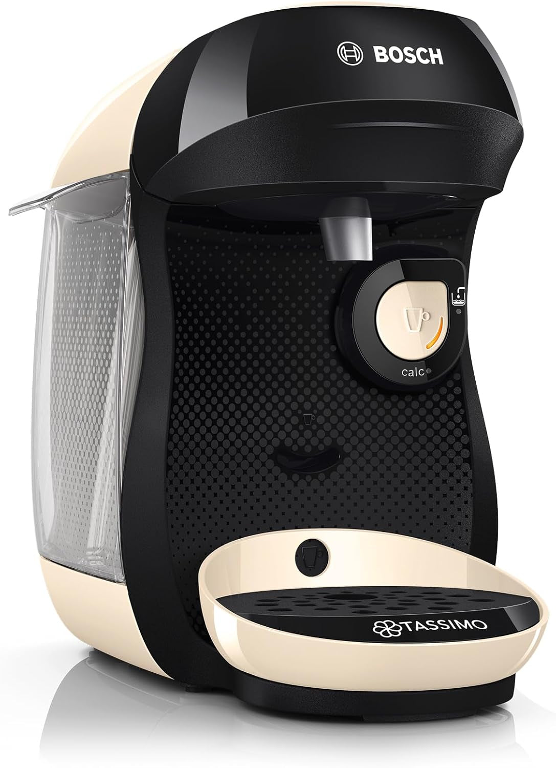 Bosch Tassimo Happy Friendly TAS107E Macchina per caffè a capsule, 70+ bevande, Adatta a tutte le tazze, Arresto automatico, Sostenibile, Dosaggio perfetto, Salvaspazio, 1400 W, Crema/Nero