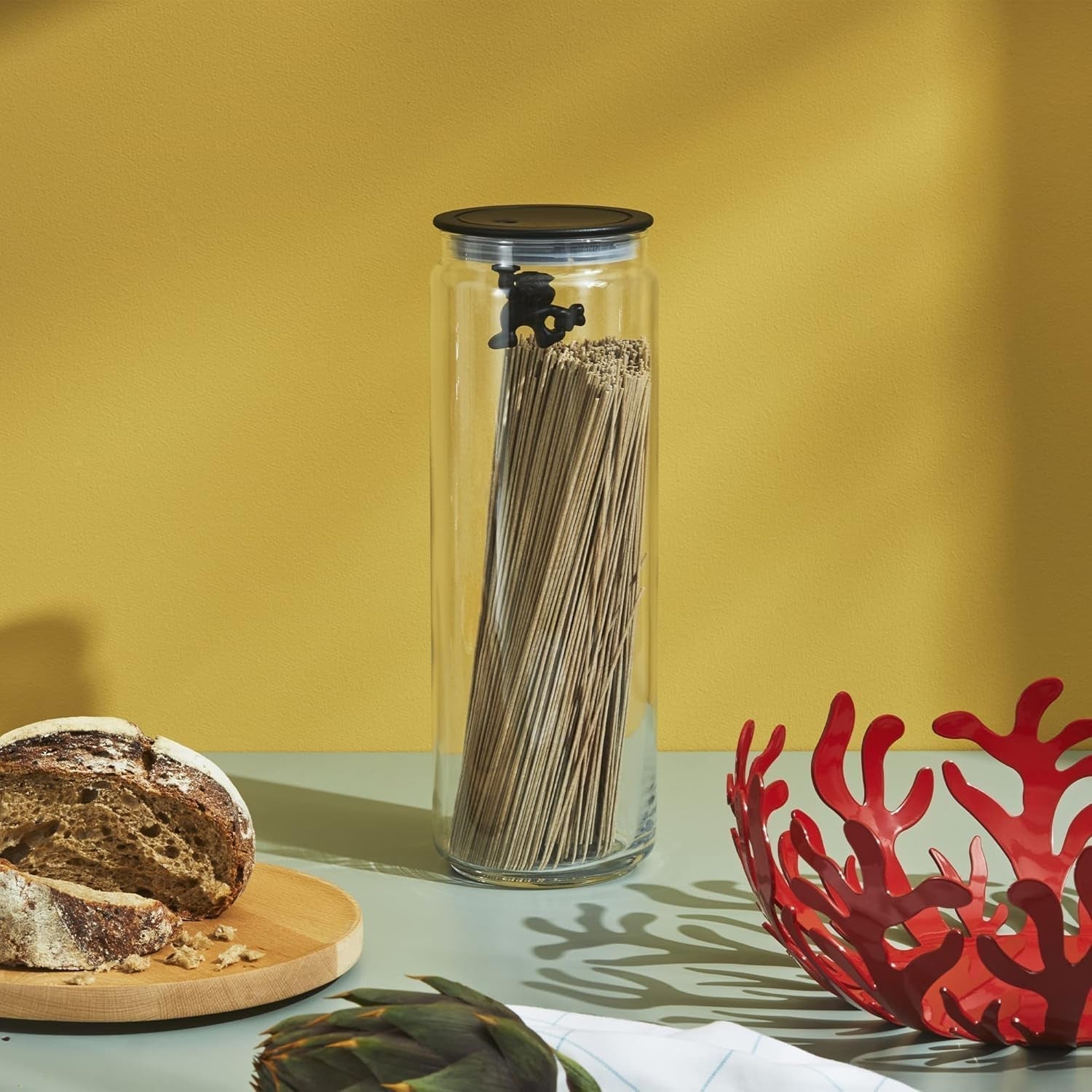 Alessi Barattolo da cucina in vetro "Gianni" con coperchio sigillato, resina termoplastica, nero, 27,5 x 13,5 x 28 cm Contenitori per alimenti Naty Shop