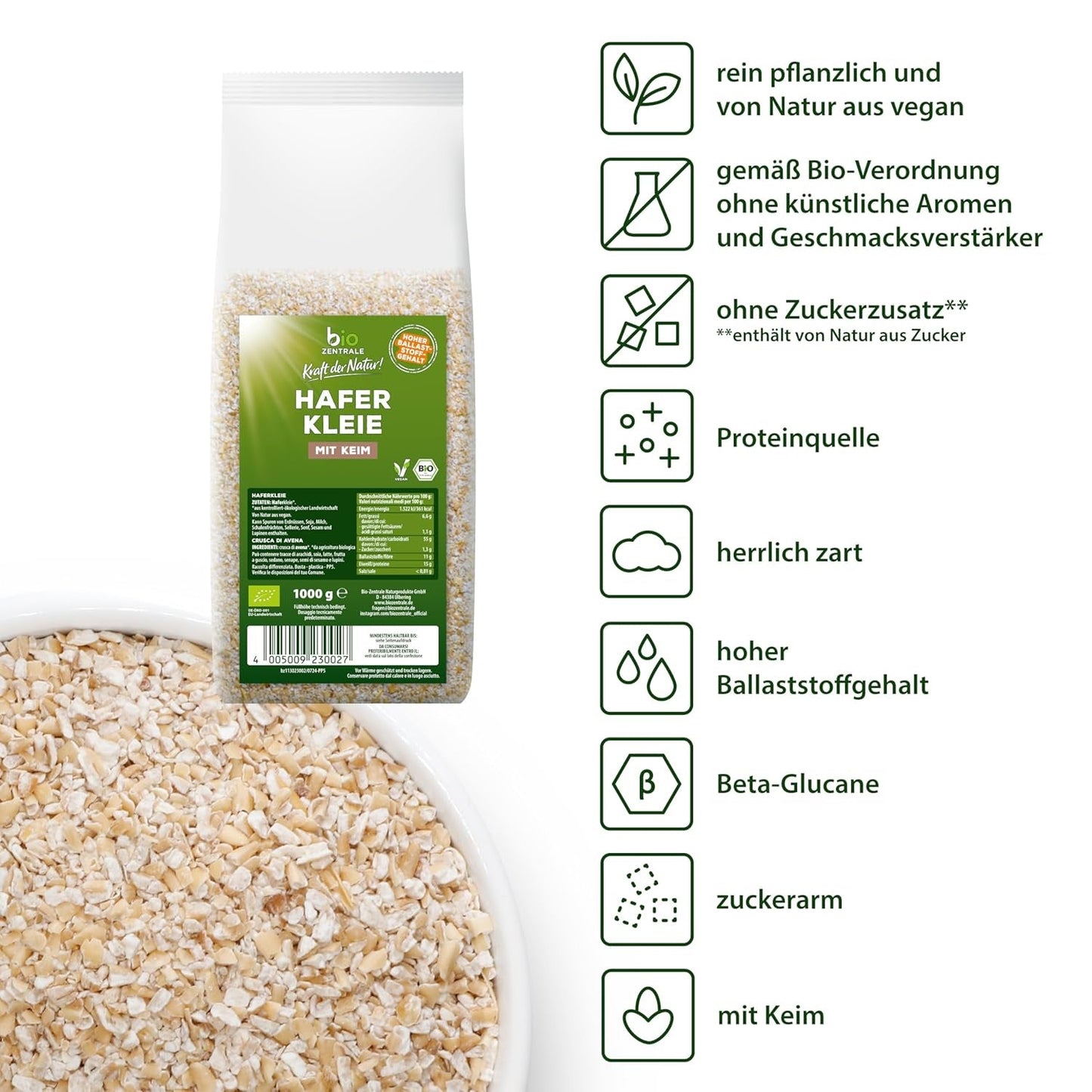 Crusca d'avena biologica Biocentral 1 kg | Pacchetto vantaggioso | Fonte proteica ad alto contenuto di fibre | Naturalmente vegano | Dall'agricoltura dell'UE | Basso contenuto di zucchero