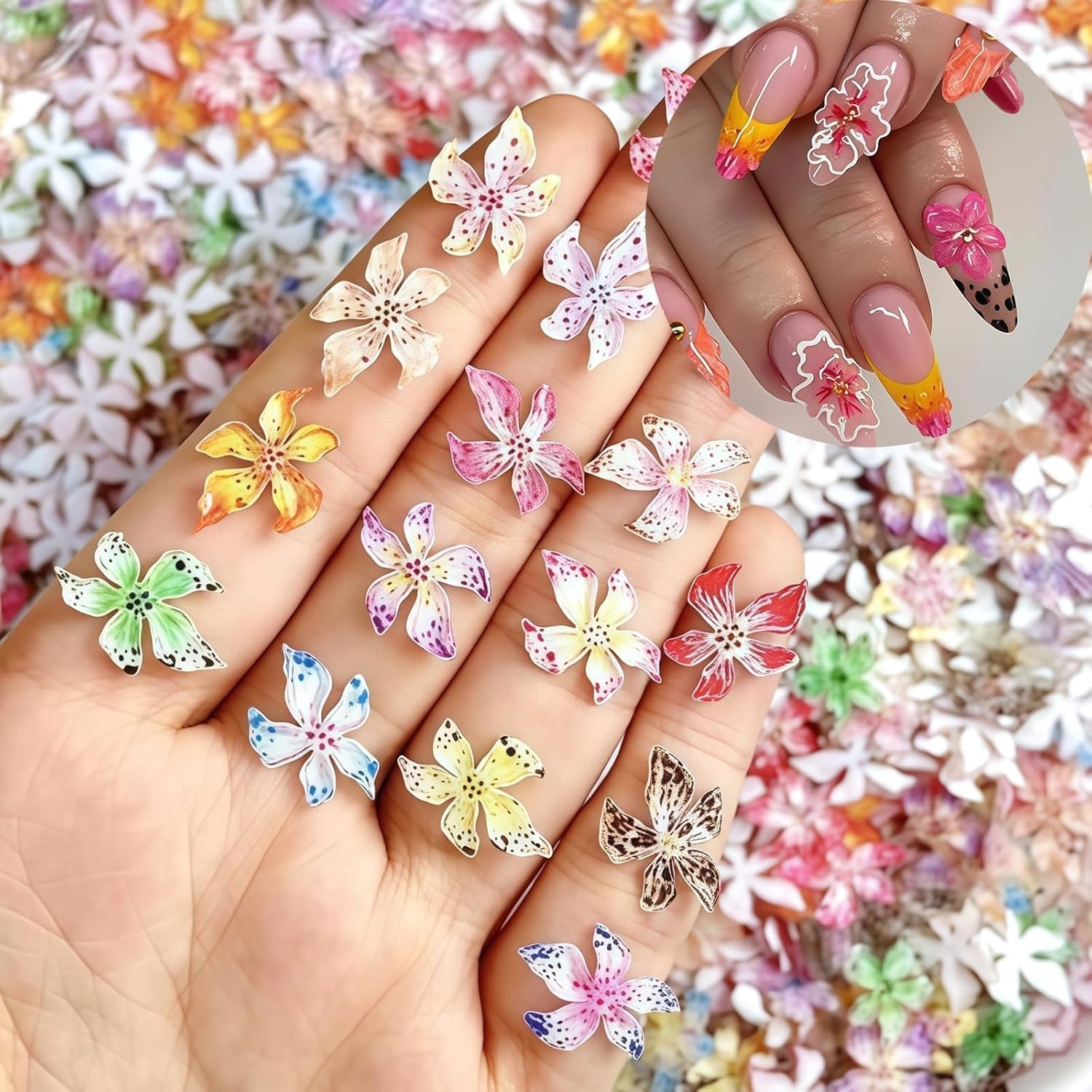 Set di 50 ciondoli per unghie 3D Blume, accessori per unghie colorate, ciondoli per unghie e ciondoli artistici per unghie, perfetti per nail art, decorazioni per mani e design fai da te