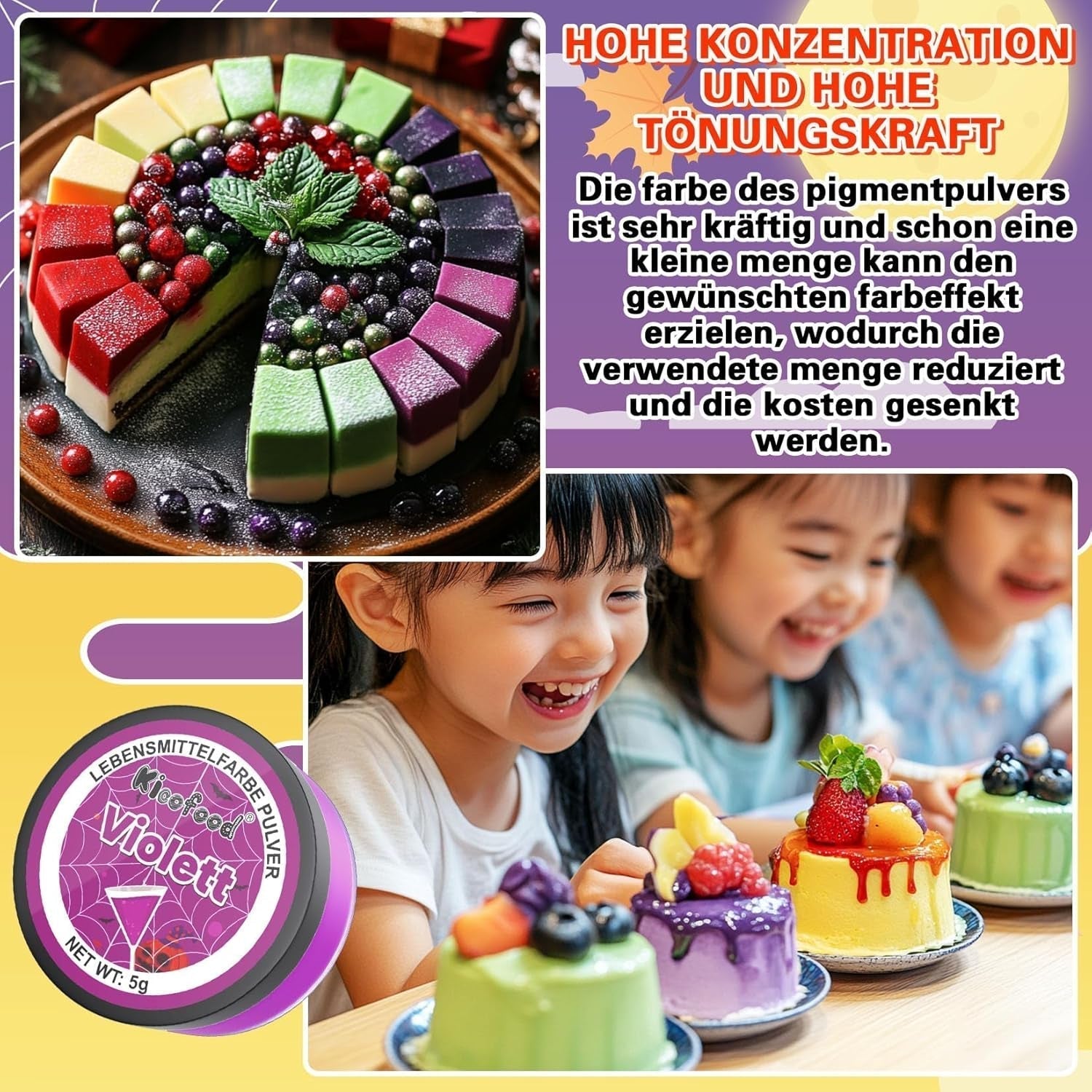 Colorante alimentare in polvere - Colorante alimentare in 4 colori, colorante alimentare concentrato, rosso verde blu viola colorante alimentare per decorazione di torte, cottura al forno, glassa, dessert, cucina - 5G