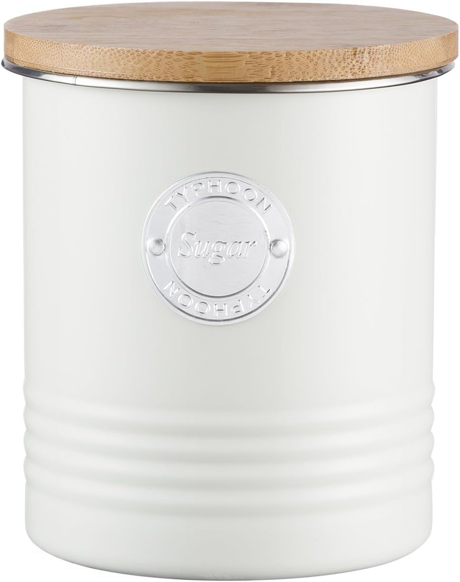 Collezione LIVING, zuccheriera con coperchio | pastello crema | scatola portaoggetti da cucina da 1 L per lo zucchero | contenitore per zucchero in acciaio con coperchio | Barattoli ermetici in bambù con coperchio Scatole per alimenti Naty Shop Sugar