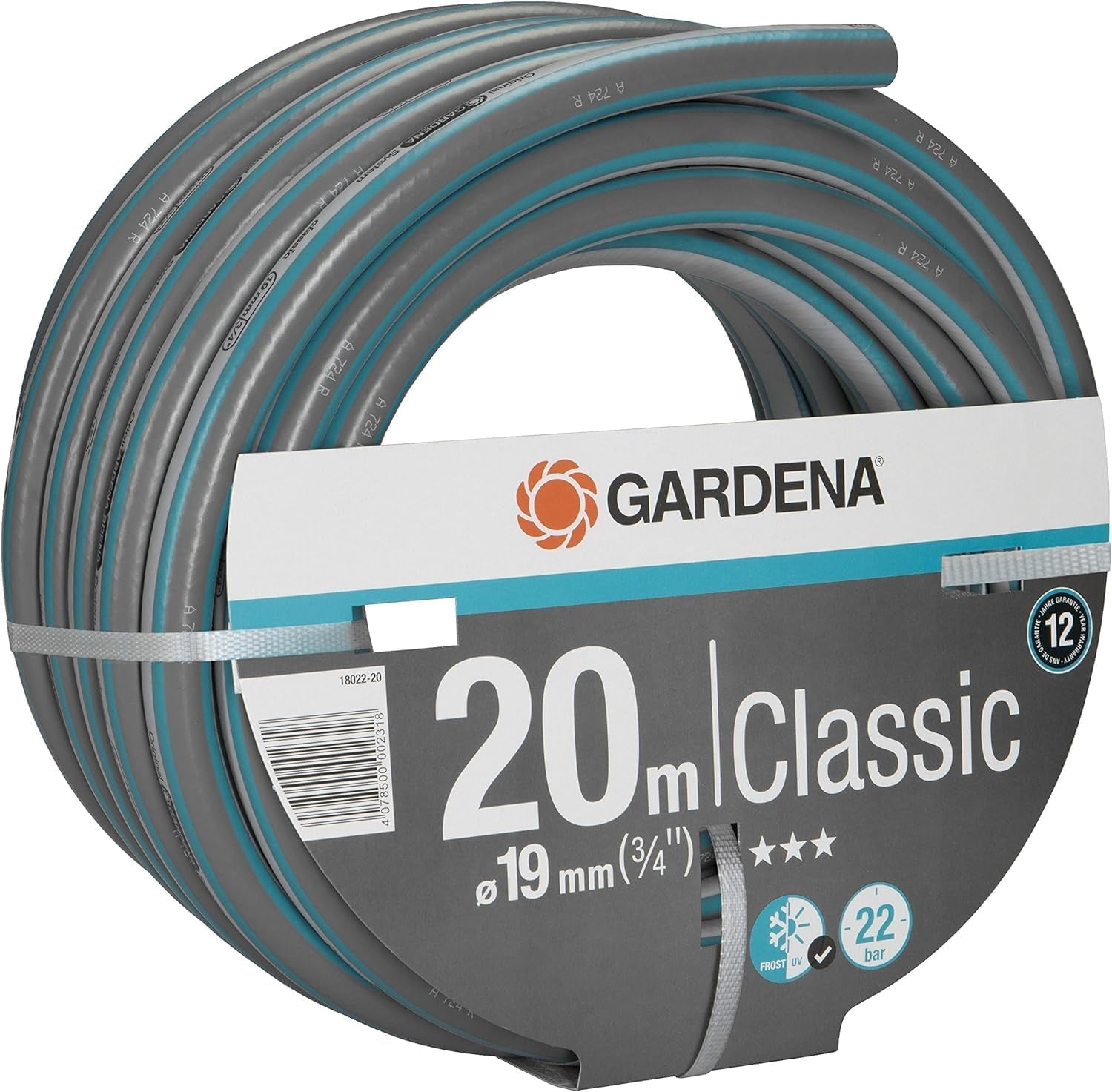 Tubo Gardena Classic 19 mm (3/4 pollici), 20 m: Tubo da giardino universale in tessuto robusto, intrecciato, pressione di scoppio 22 bar, resistente ai raggi UV, nessun componente di sistema, 12 anni di garanzia (18022-20)