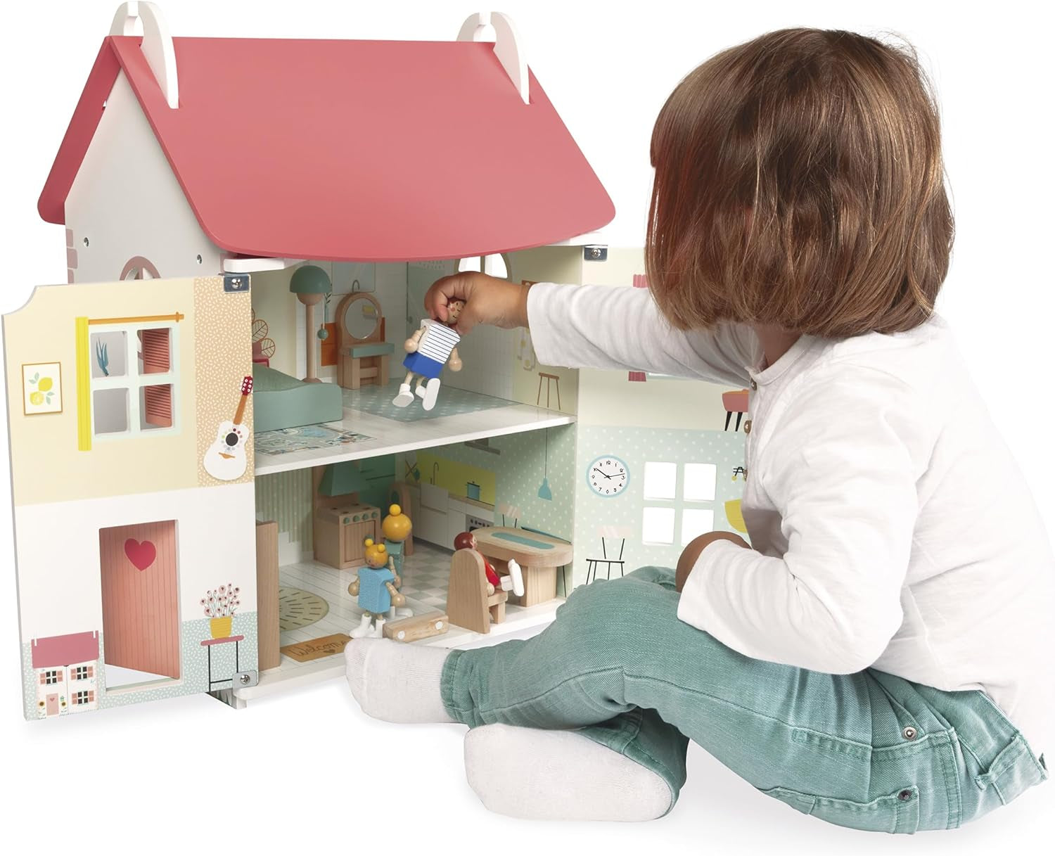 Janod - La mia prima casa delle bambole in legno - 10 accessori - Mobili per bambole - Porte magnetiche e tetto rimovibile - Giocattolo in legno certificato FSC - Dai 3 anni in su
