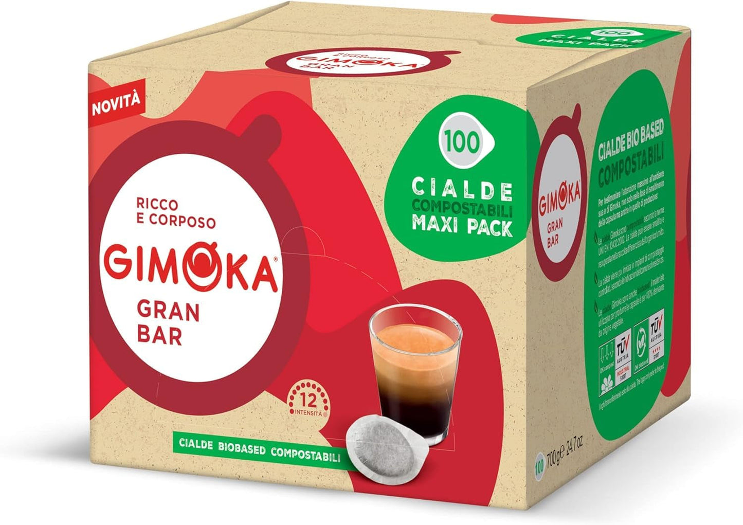 Gimoka Kompostierbare Kaffeepads, Gran Bar Intenso Kaffeemischung, Intensität 12-100 Pads - Compatibile con il sistema ESE Papier Pads 44 mm