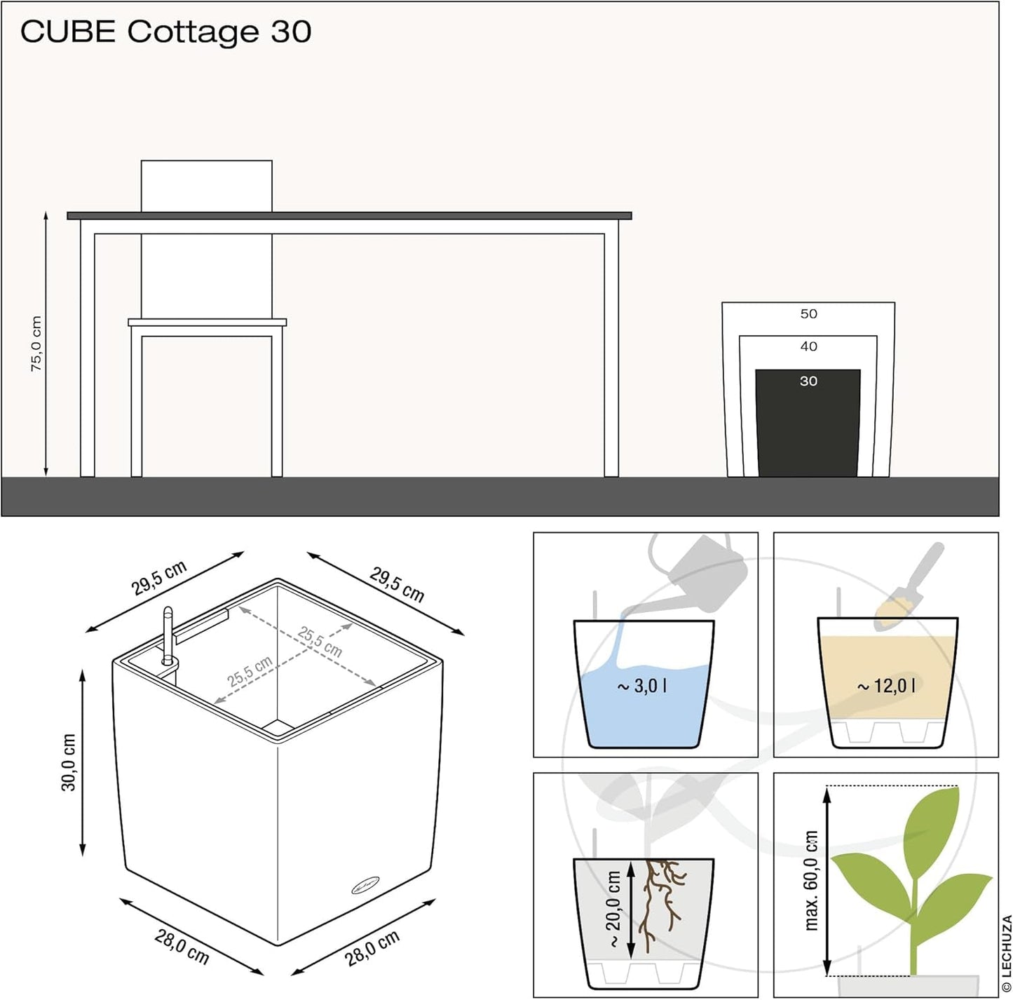 LECHUZA CUBE Cottage 30 granito 15372