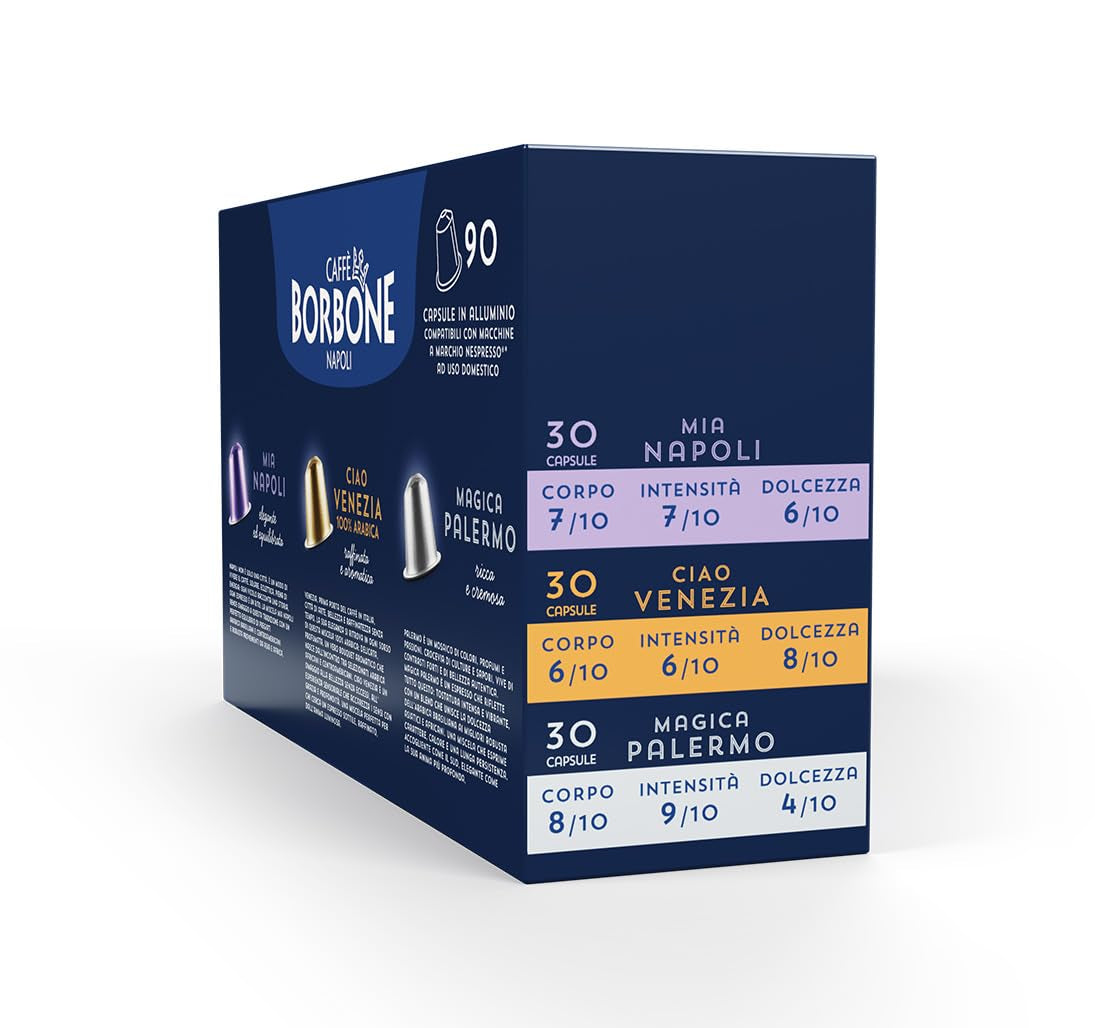 Kit Verkostung Caffè Borbone, 90 Capsule in Alluminio: 30 Mia Napoli, 30 Ciao Venezia, 30 Magica Palermo, (3 x 30 Stück) – Compatibili con Kaffeemaschinen für den Hausgebrauch della marca Nespresso®*