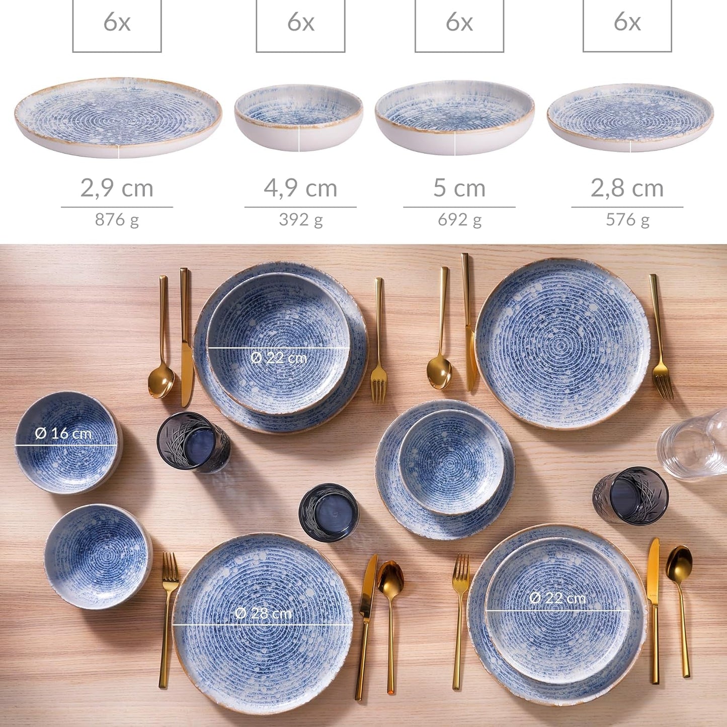 Set di stoviglie in gres vintage Azure per 6 - 24 pezzi - Strisce bianche e blu, superficie goffrata - Lavabile in lavastoviglie, forno e microonde