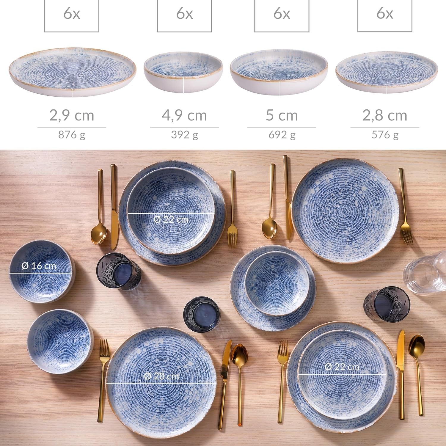 Set di stoviglie in gres vintage Azure per 6 - 24 pezzi - Strisce bianche e blu, superficie goffrata - Lavabile in lavastoviglie, forno e microonde