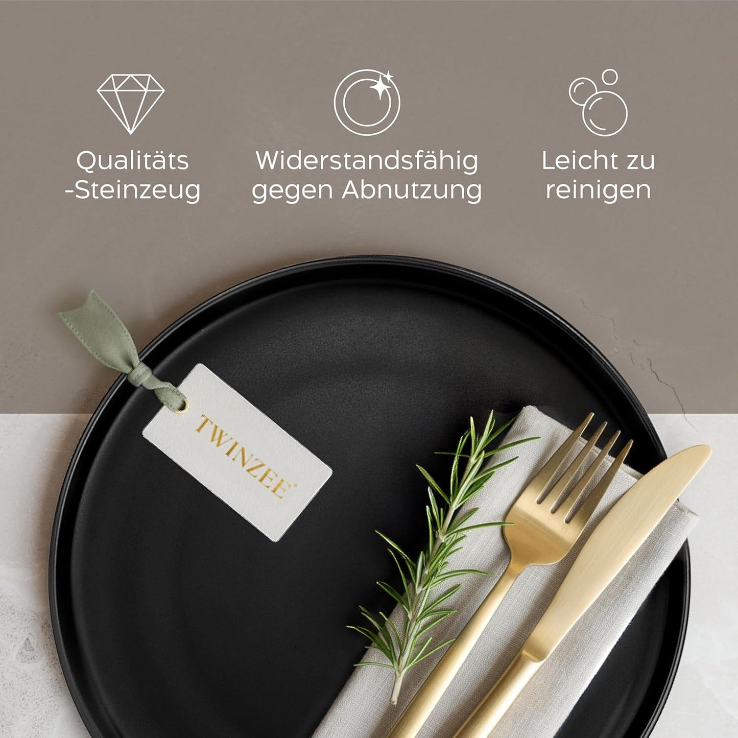 Set di piatti in gres per 6 - Nero opaco Set da 6 pezzi Piatti grandi adatti al microonde Design elegante - Collezione Twinzee Ebony