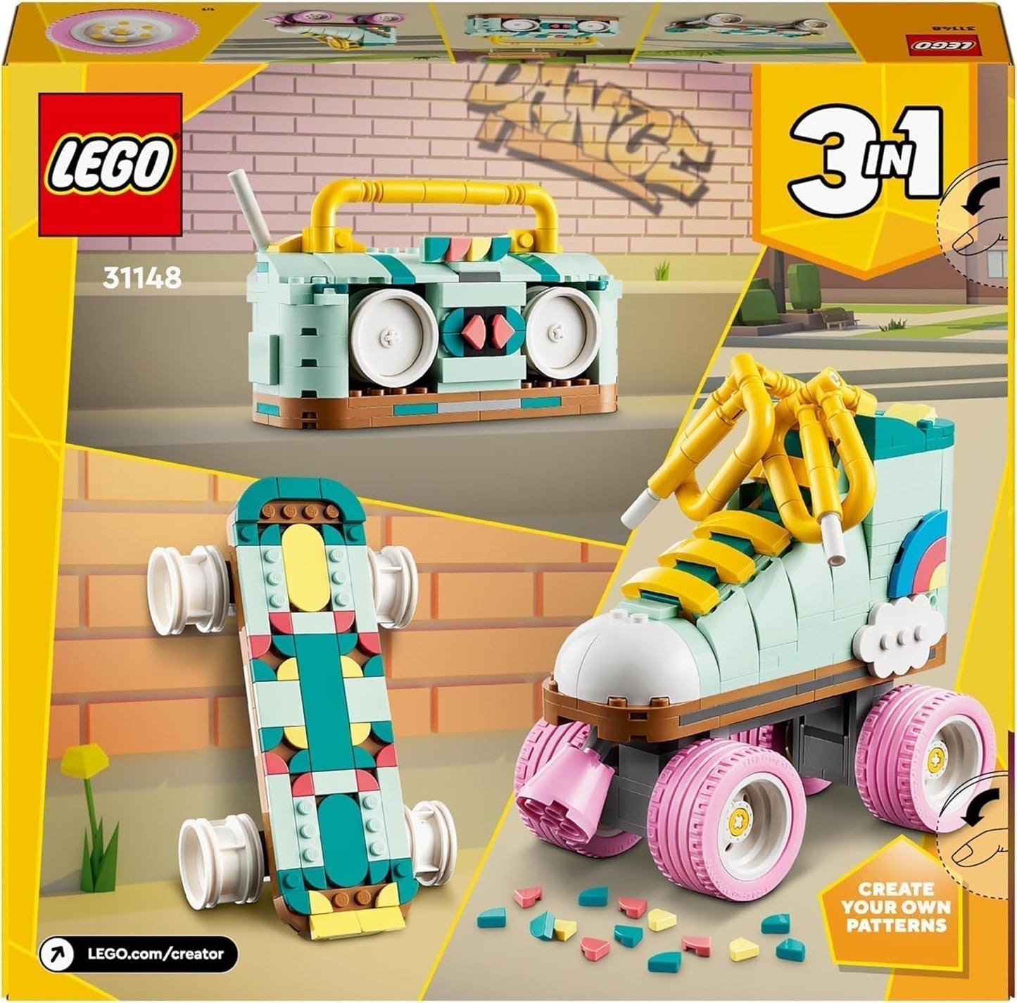 LEGO Creator 3in1 Roller Skate Giocattolo per Ragazze e Ragazzi con Mini Skateboard e Boombox, Decorazione per Camera da Letto retrò, Regalo di Compleanno per 8 Anni 31148 Set da Costruzione Besuche den LEGO-Store