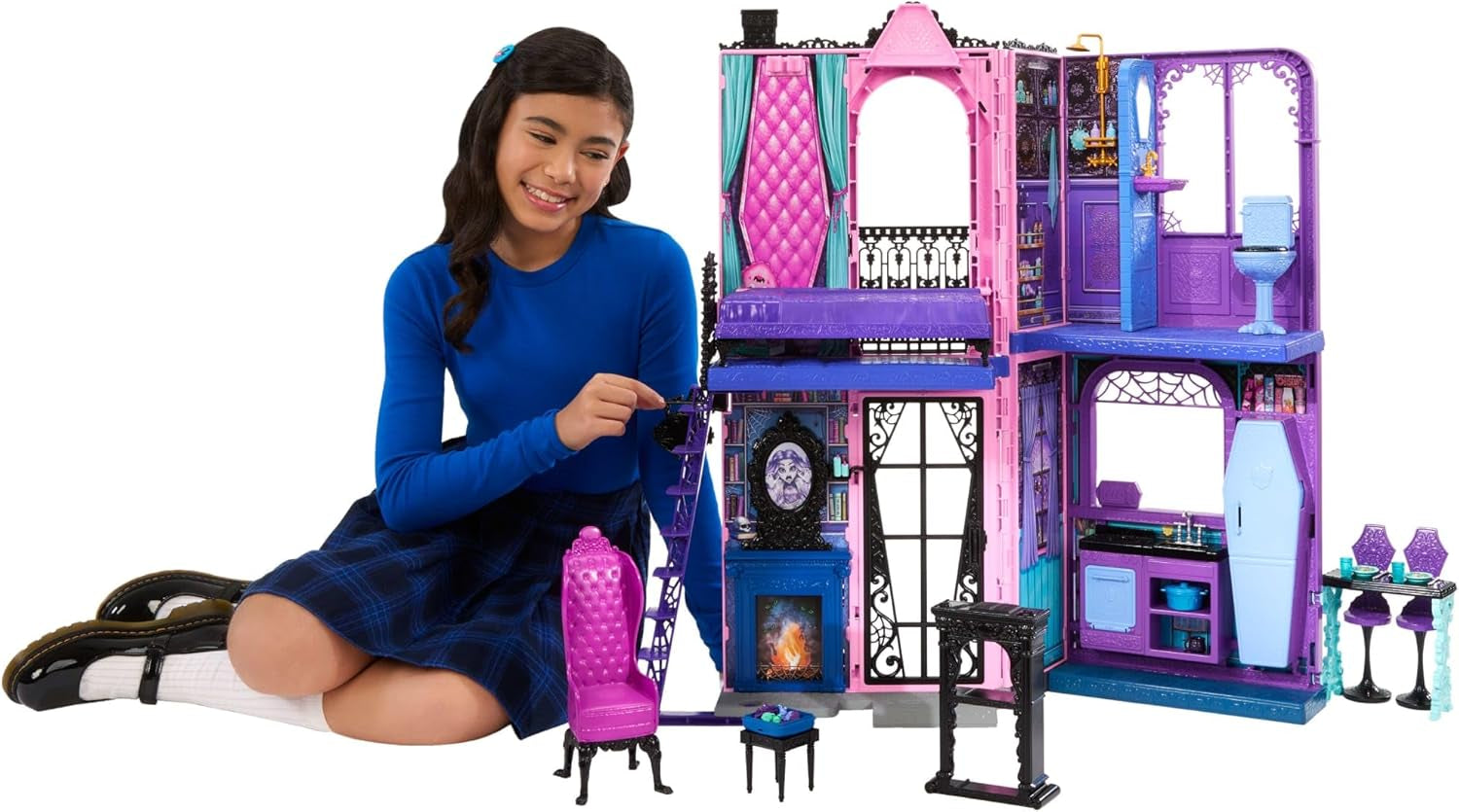 Casa delle bambole Monster High Buh-tique Hotel, set da gioco pieghevole con sorprese spaventose in ogni stanza e oltre 13 set da gioco, inclusi mobili e accessori, JBF16