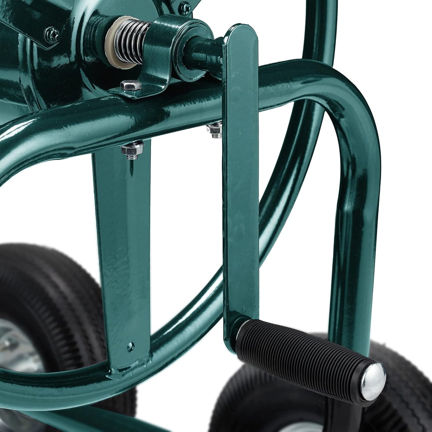 Carrello portatubo Relaxdays, fino a 90 m, 4 pneumatici, raccordo a scatto, avvolgitubo in metallo, distributore tubo con cestello, verde