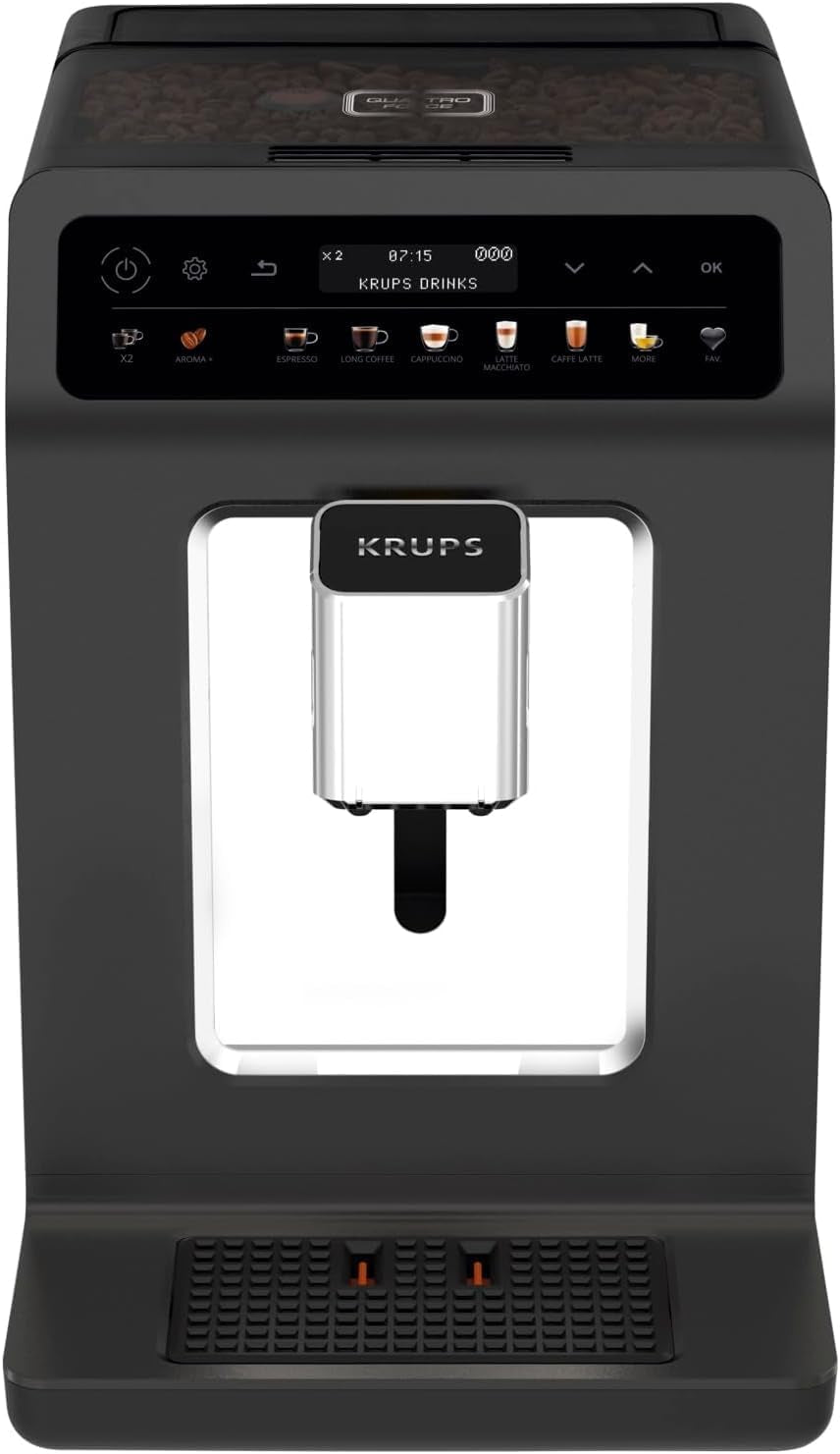 KRUPS Evidence One macchina per caffè espresso automatica con tubo per il latte, cappuccino one-touch, 12 bevande speciali, funzione 2 tazze, display a colori, macchina per caffè espresso, certificato TÜV, nero, EA895N10