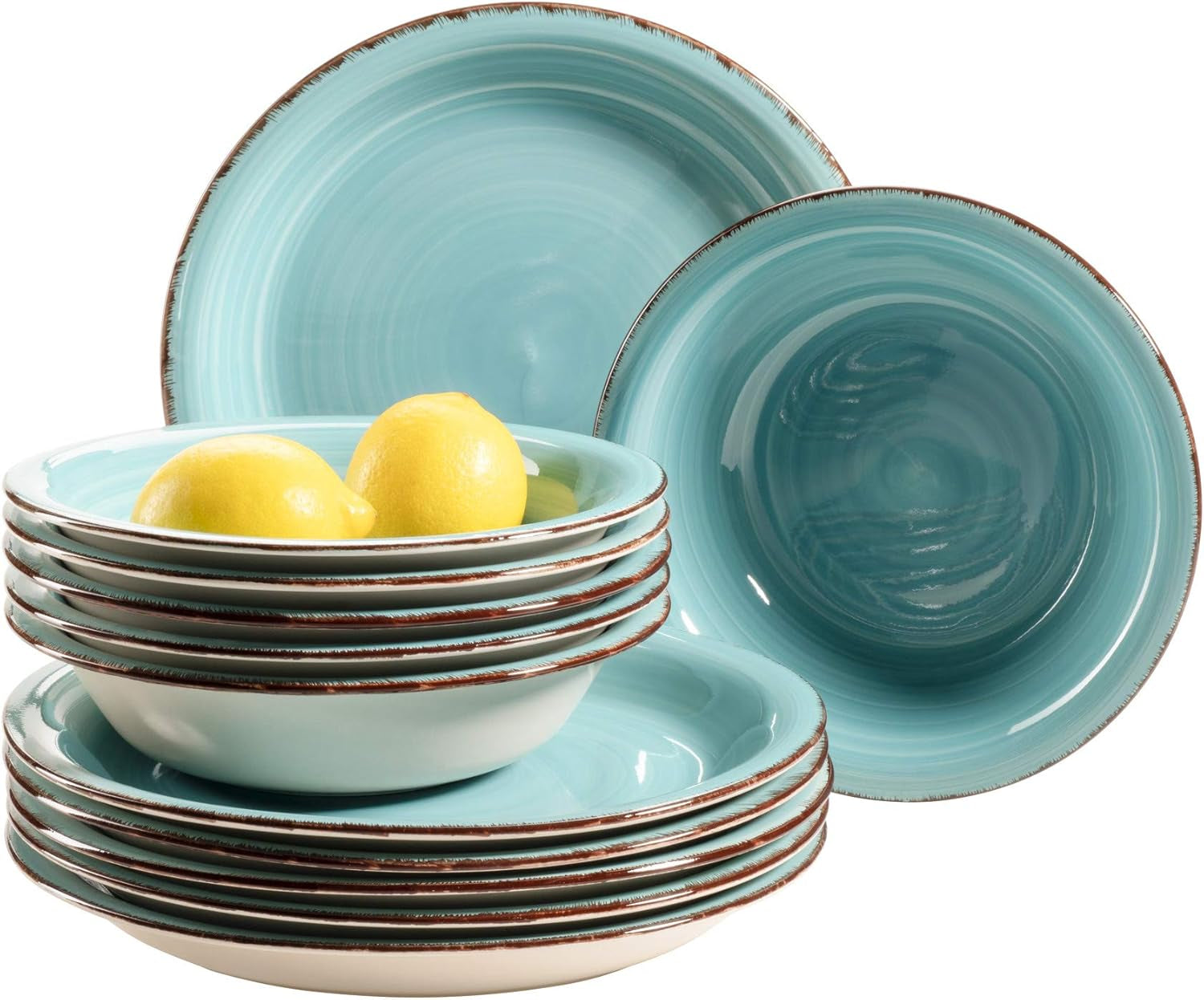 MÄSER Bel Tempo II Set da banco per 6 persone in moderno look vintage, servizio da tavola da 12 pezzi, verniciato a mano, Türkis, Steingut, 27 centimetri