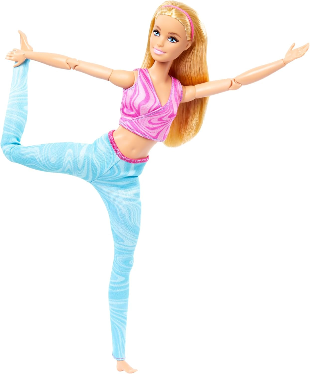 Barbie bambola made-to-move con capelli biondi, top sportivo rosa staccabile e pantaloni da yoga blu, 22 articolazioni, HRH27, [Multicolore]