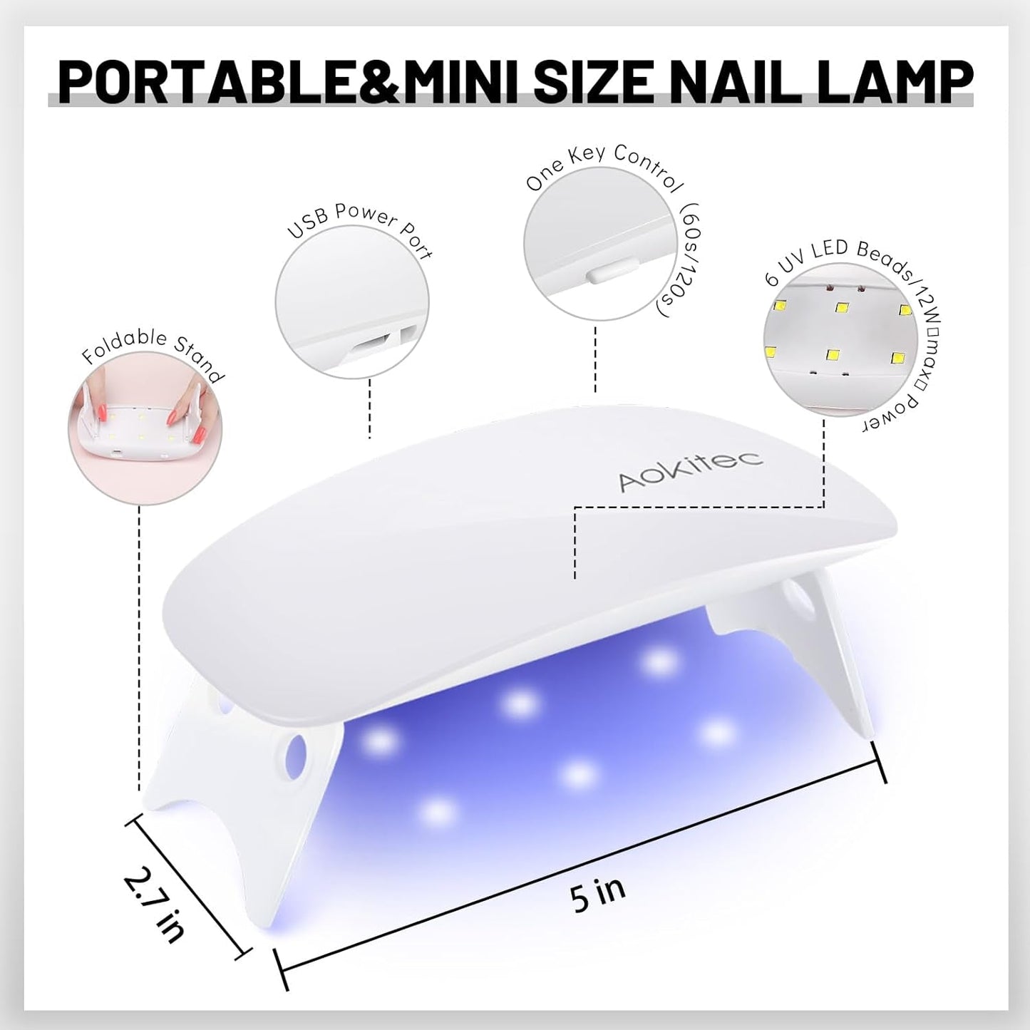 Aokitec Mini Lampada UV LED, Lampada per Unghie Gel UV, Asciugatore per Unghie Portatile per Tutti i Tipi di Smalto Gel, Strumento per polimerizzare a Forma di Mouse, Compatto, Leggero con Cavo USB (Bianco)