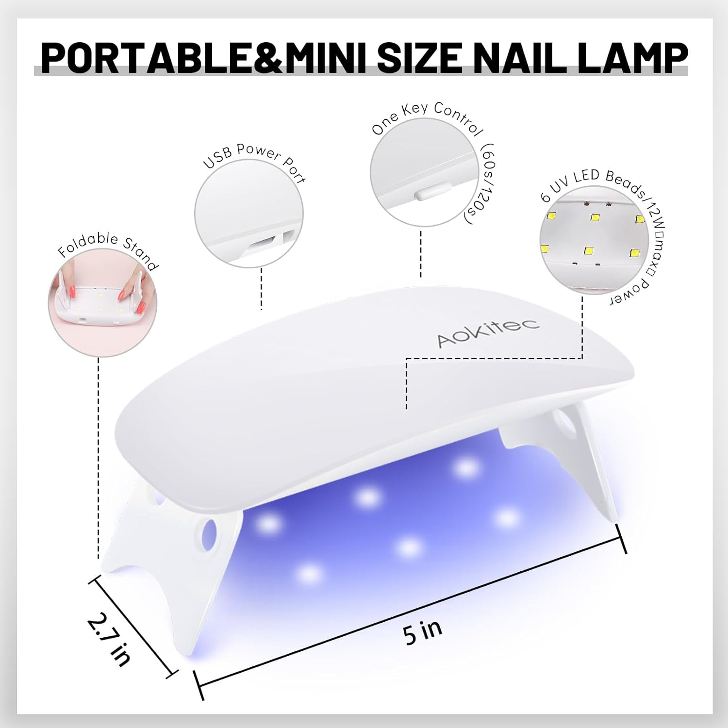 Aokitec Mini Lampada UV LED, Lampada per Unghie Gel UV, Asciugatore per Unghie Portatile per Tutti i Tipi di Smalto Gel, Strumento per polimerizzare a Forma di Mouse, Compatto, Leggero con Cavo USB (Bianco)