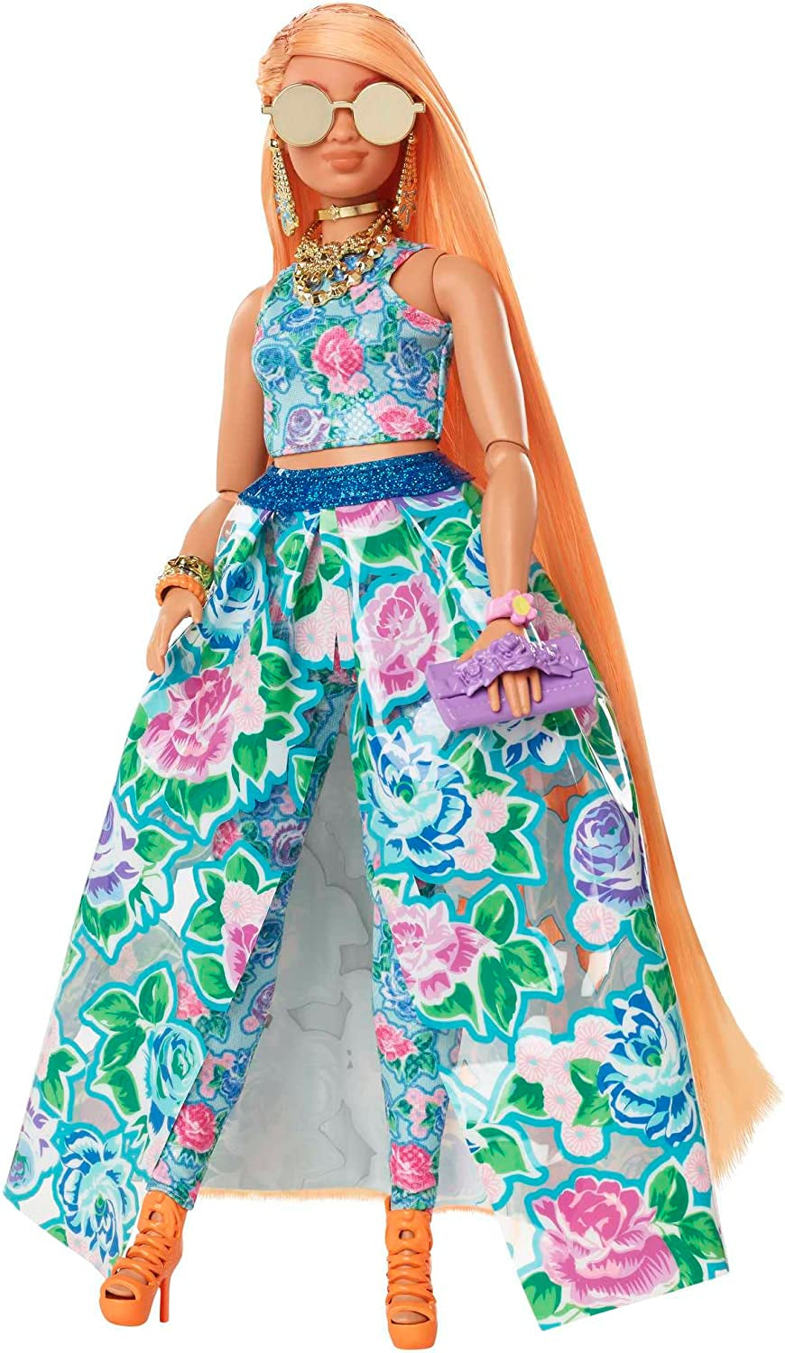 Barbie Extra Fancy, Capelli Lunghi Curvy Biondo Fragola, Completo A Due Pezzi, Gatto Blu, Borsa Rosa, Occhiali Da Sole Ananas Con Bambola, Adatto Come Regalo, Bambole Hhn14 Naty Shop