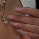 Punte francesi lunghe Colla glitter dorata su unghie lunghe quadrate Punta francese glitterata Unghie finte Set Unghie artificiali quadrate per le donne 24 pezzi