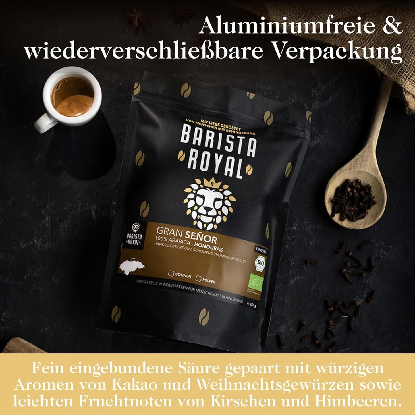 BARISTA ROYAL Bio Espressobohnen 1kg "Gran Señor" | Kaffeebohnen freschi direttamente dall'Honduras | 100% Arabica Espresso ganze Bohnen | Ideale per completamente automatico e Siebträger