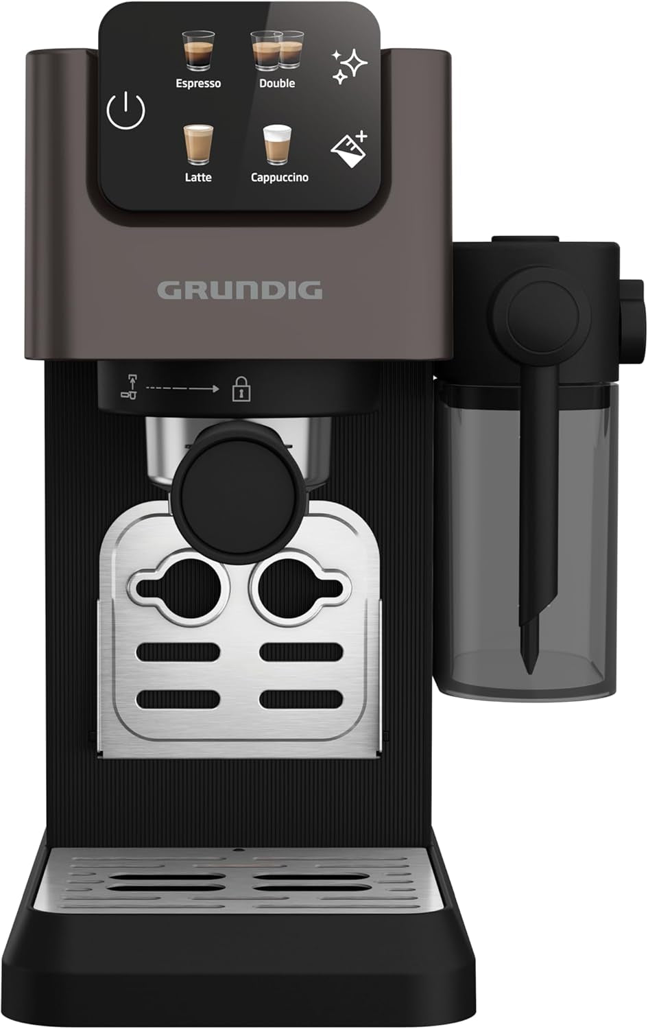 Macchina per caffè espresso portafiltro GRUNDIG KSM 5330 con contenitore del latte integrato, potenza 1628 W, pressione della pompa 15 bar, doppio ugello, display touch a colori, BrewSense, CreamyPro, Acciaio inossidabile scuro/Nero