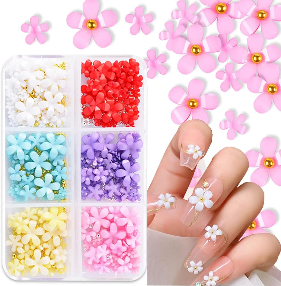 Unghie floreali 3D, 6 griglie, ciondoli per unghie floreali, strass per unghie acrilici, accessori per unghie, decorazioni per unghie primaverili fai da te