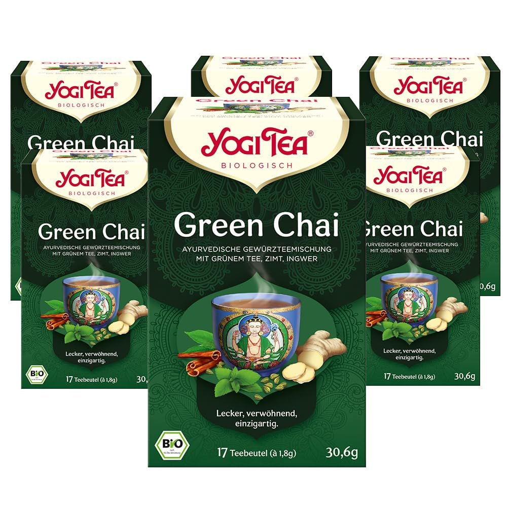 Yogi Tea Green Chai, tè speziato ayurvedico biologico, miscela di cannella, menta, tè verde, zenzero, cardamomo e chiodi di garofano, 6x17 bustine di tè (102 bustine di tè in totale)