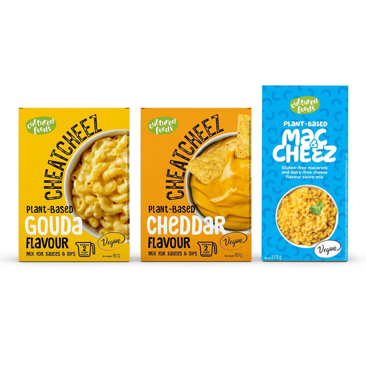 Cultured Foods Vegan 3-er Set Vegan Mac e formaggio, salsa Gouda, salsa Cheddar, Laktosefrei Glutenfrei MAC & CHEEZ CHEATCHEEZ