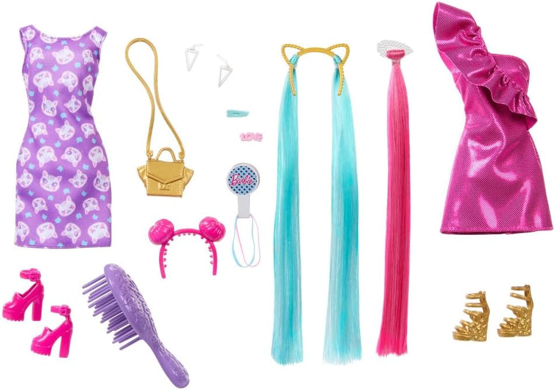 Barbie Totally Hair - Bambola con capelli arcobaleno extra lunghi facili da acconciare e 10 accessori alla moda e per lo styling, vestito a pois color block, dai 3 anni in su, HKT96