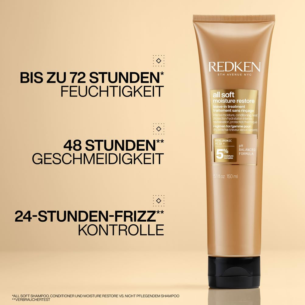 Maschera per capelli Redken con acido ialuronico per capelli secchi, anticrespo e protezione dal calore fino a 230°C, maschera senza risciacquo All Soft Moisture Restore, 1 maschera per capelli Naty Shop da 150 ml