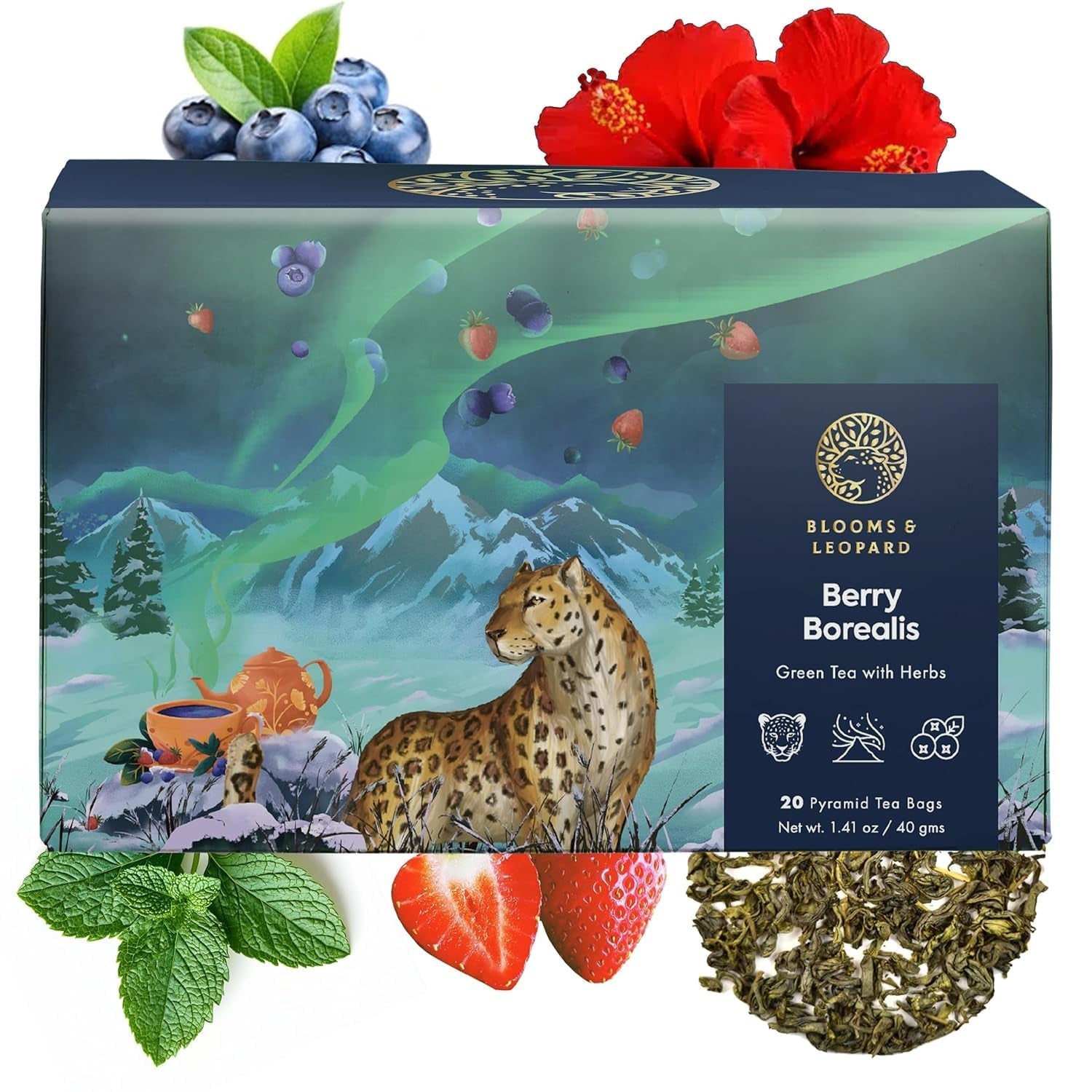 Blooms & Leopard Bustine di tè verde premium - Miscela di bacche boreali con ibisco, mirtillo, fragola e menta verde - 20 bustine di tè piramidali per tè caldo o freddo