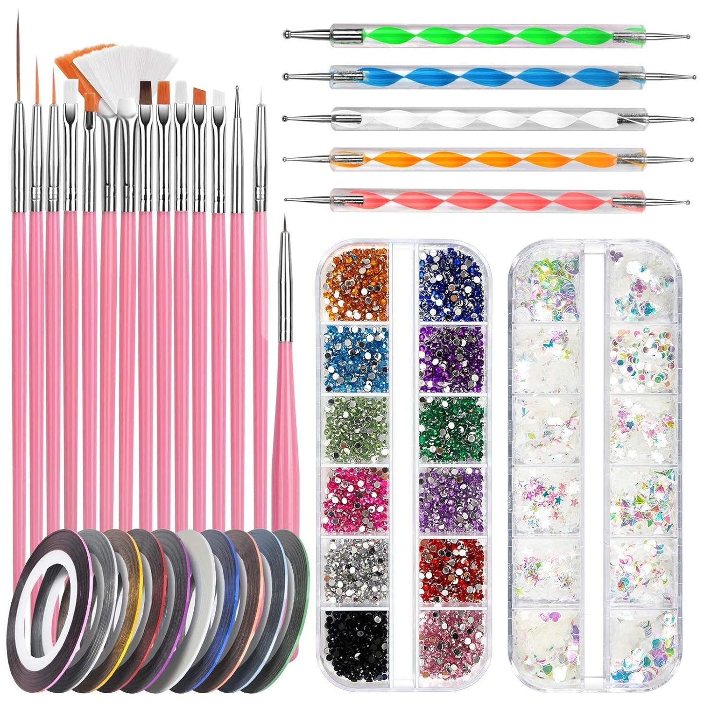 FANDAMEI Set di pennelli per nail art, 15 pezzi di pinsel per gel Nägel Nagel Pinsel, 5 pezzi di penna a pois, 10 rotoli di nastro adesivo, strasssteine ​​​​Nägel, ultra dünn Nagel Paillettes per nail art Maniküre Set