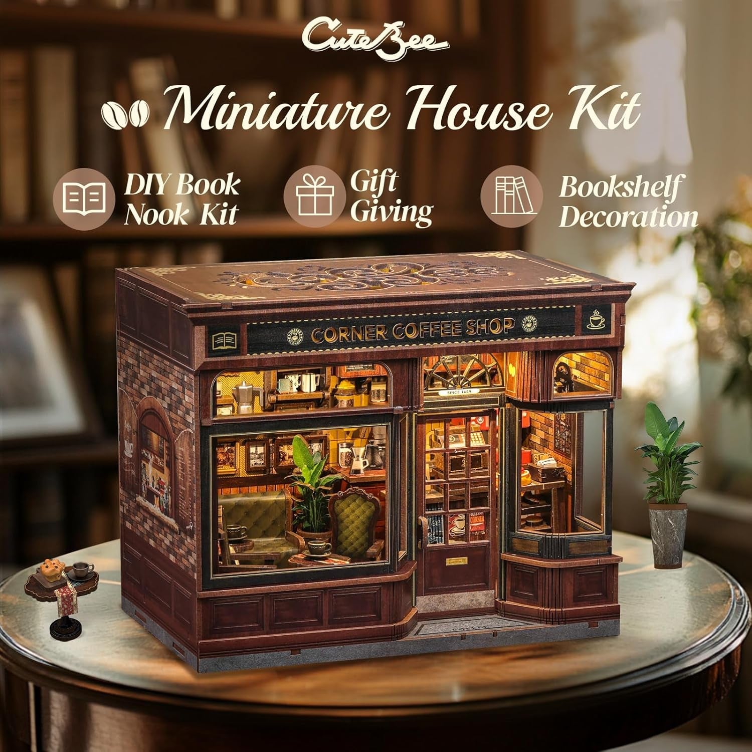 CUTEBEE Kit Angolo Libro - Case delle Bambole Fai-da-Te, Kit di Costruzione di Case in Miniatura Illuminate a LED per Adulti, Puzzle 3D in Legno e Supporto per Libri - Decorazione per Scaffale e Regalo (Corner Cafe)