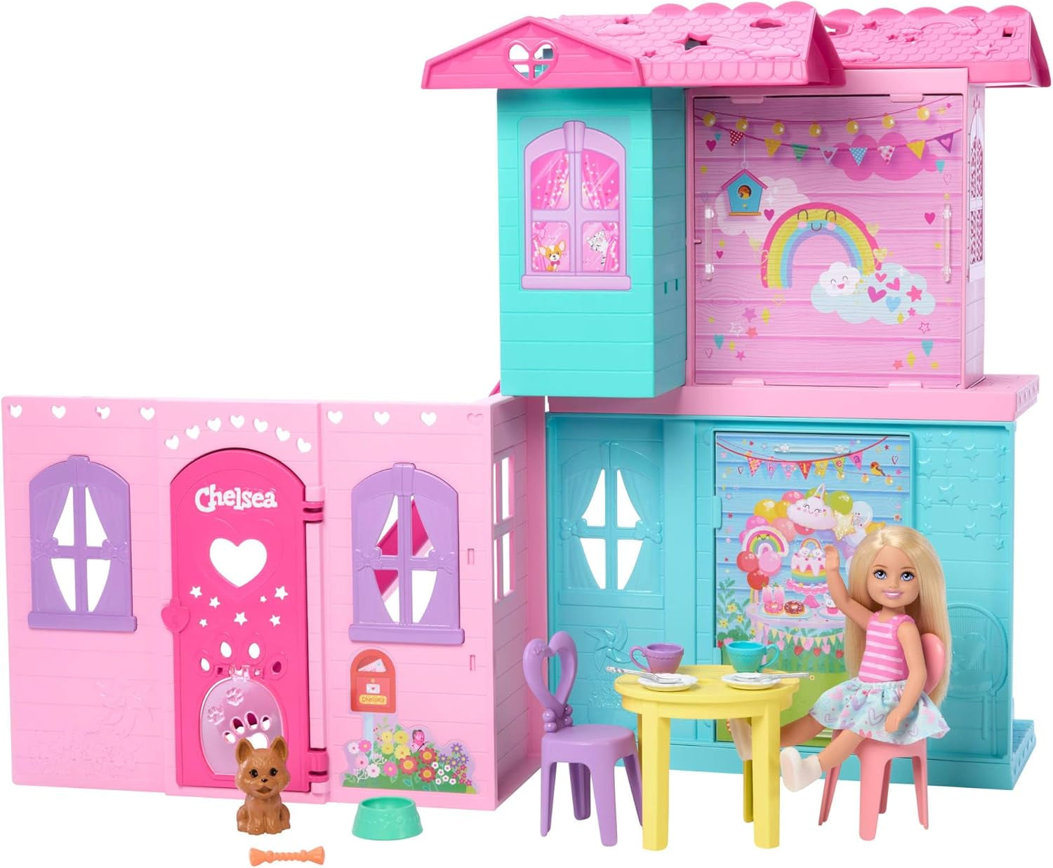 Casa delle bambole Barbie Chelsea con oltre 15 accessori, la casa pop-up si espande fino a 42 x 33 cm con 5 aree gioco e uno scivolo, con una piccola bambola e un cane, JFW49
