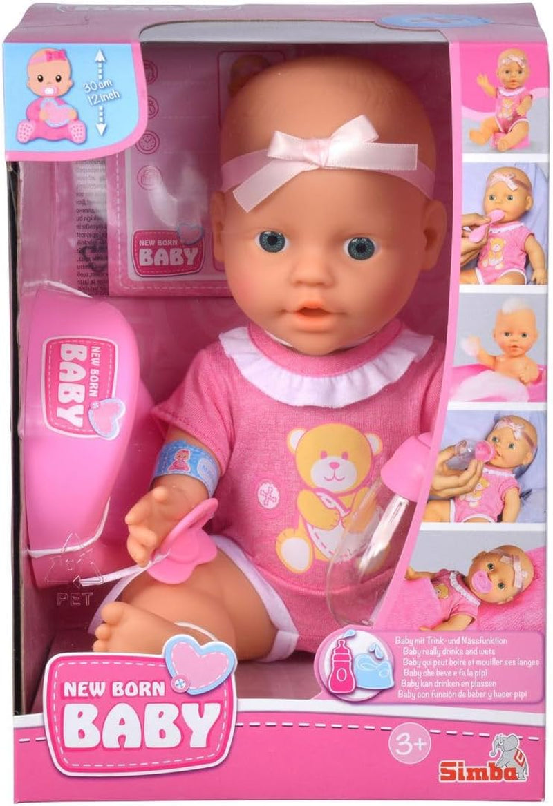 Simba 105030069 - Bambola neonata, bambola completamente in vinile che beve e abbevera, con certificato di nascita e accessori, 4 pezzi, 30 cm, bambola, dai 3 anni in su