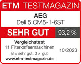 Macchina per caffè espresso AEG Deli 5, 1,5 l, timer programmabile, funzione di mantenimento in caldo, arresto di sicurezza, indicatore del livello dell'acqua, dosaggio ottimale, funzione antigoccia, acciaio inossidabile, CM5-1-6ST