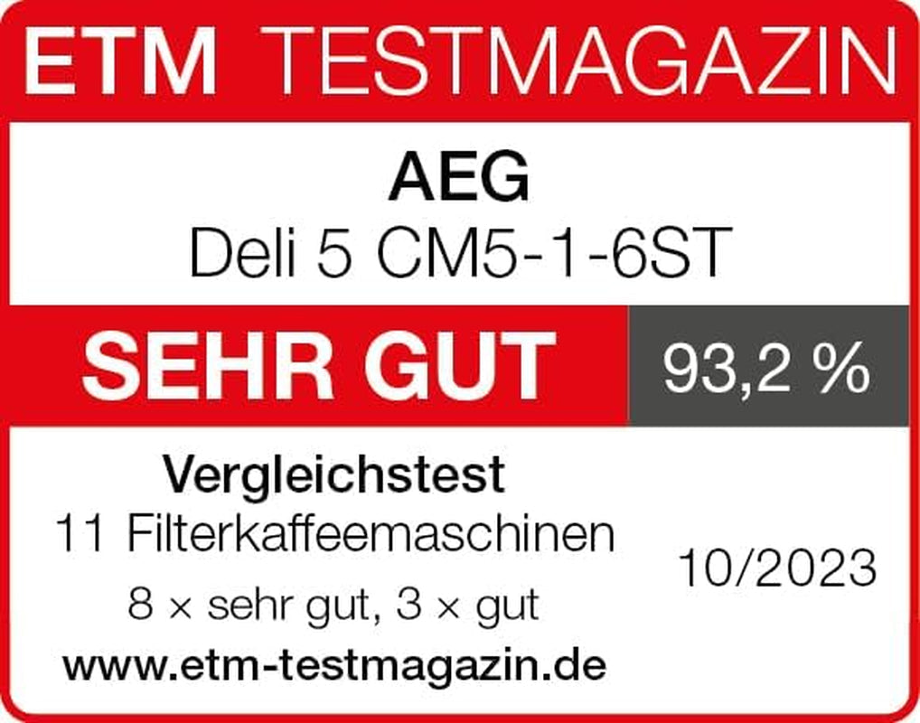 Macchina per caffè espresso AEG Deli 5, 1,5 l, timer programmabile, funzione di mantenimento in caldo, arresto di sicurezza, indicatore del livello dell'acqua, dosaggio ottimale, funzione antigoccia, acciaio inossidabile, CM5-1-6ST