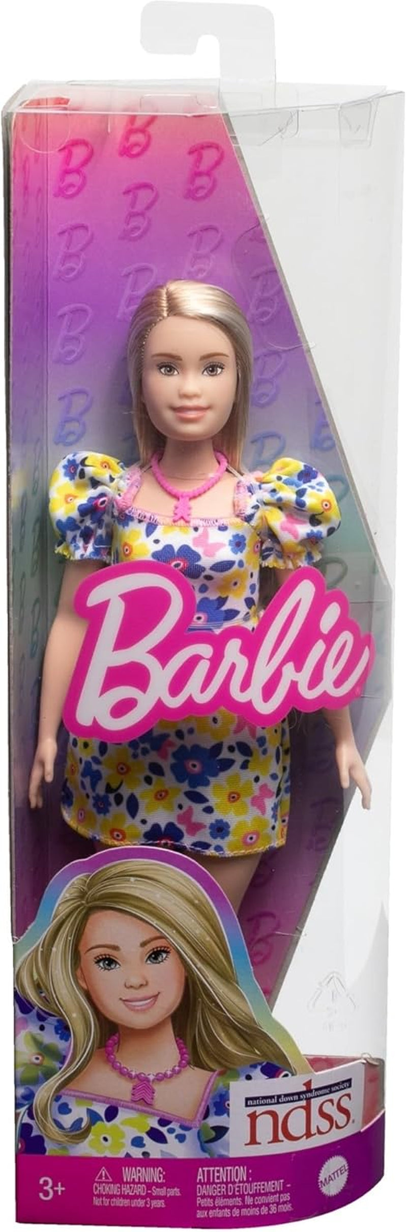 Bambola Barbie Fashionistas, sviluppata con la National Down Syndrome Society, con capelli biondi e un outfit moderno con abito floreale e scarpe da ginnastica bianche, dai 3 anni in su, HJT05