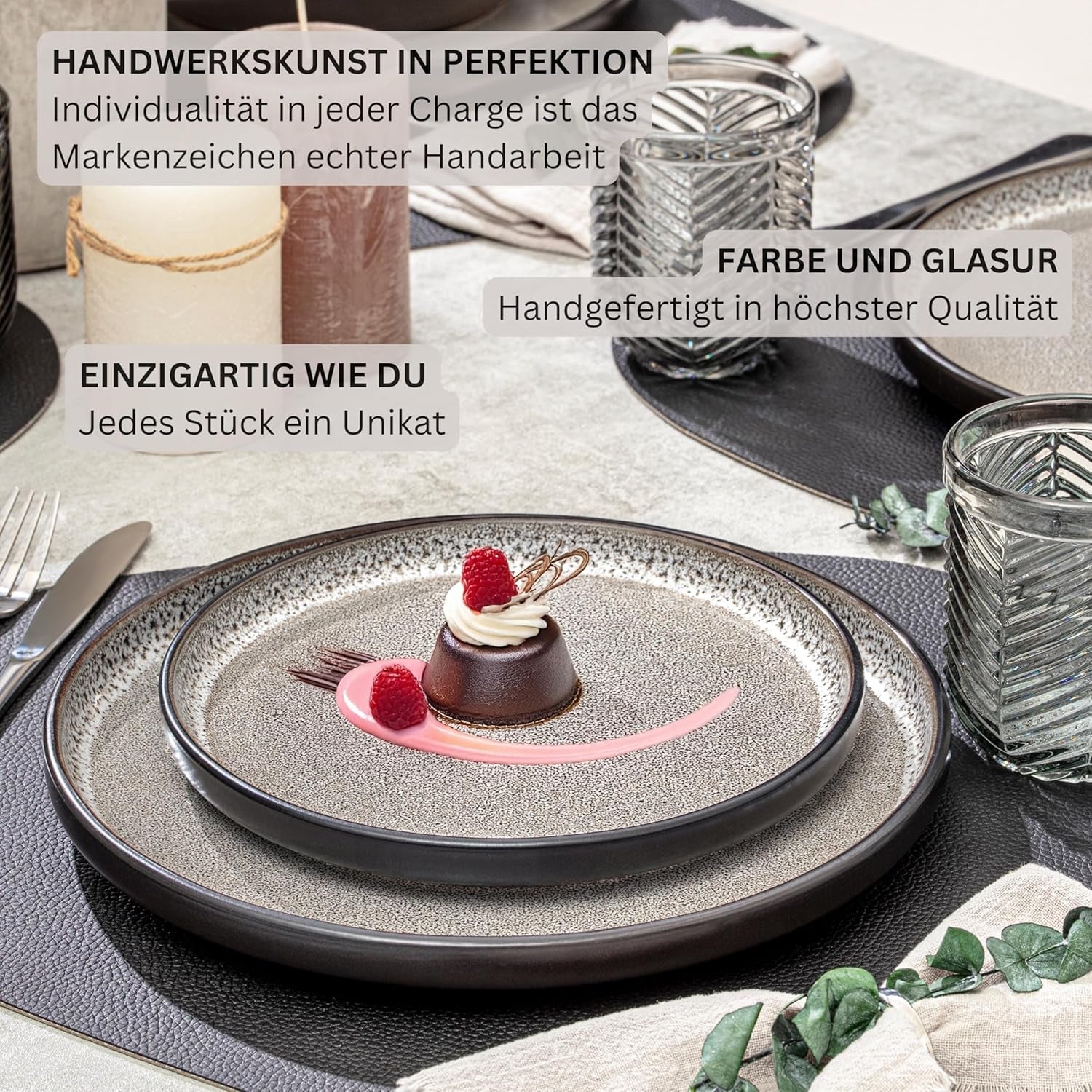 SÄNGER Luxor | Servizio stoviglie in gres, 18 pezzi, Servizio piatti per 6, Servizio stoviglie (6 Piatti piani, 6 Ciotole per cereali, 6 Piatti dessert), Stoviglie marrone-beige antigraffio | LA COLLEZIONE DI VALORE
