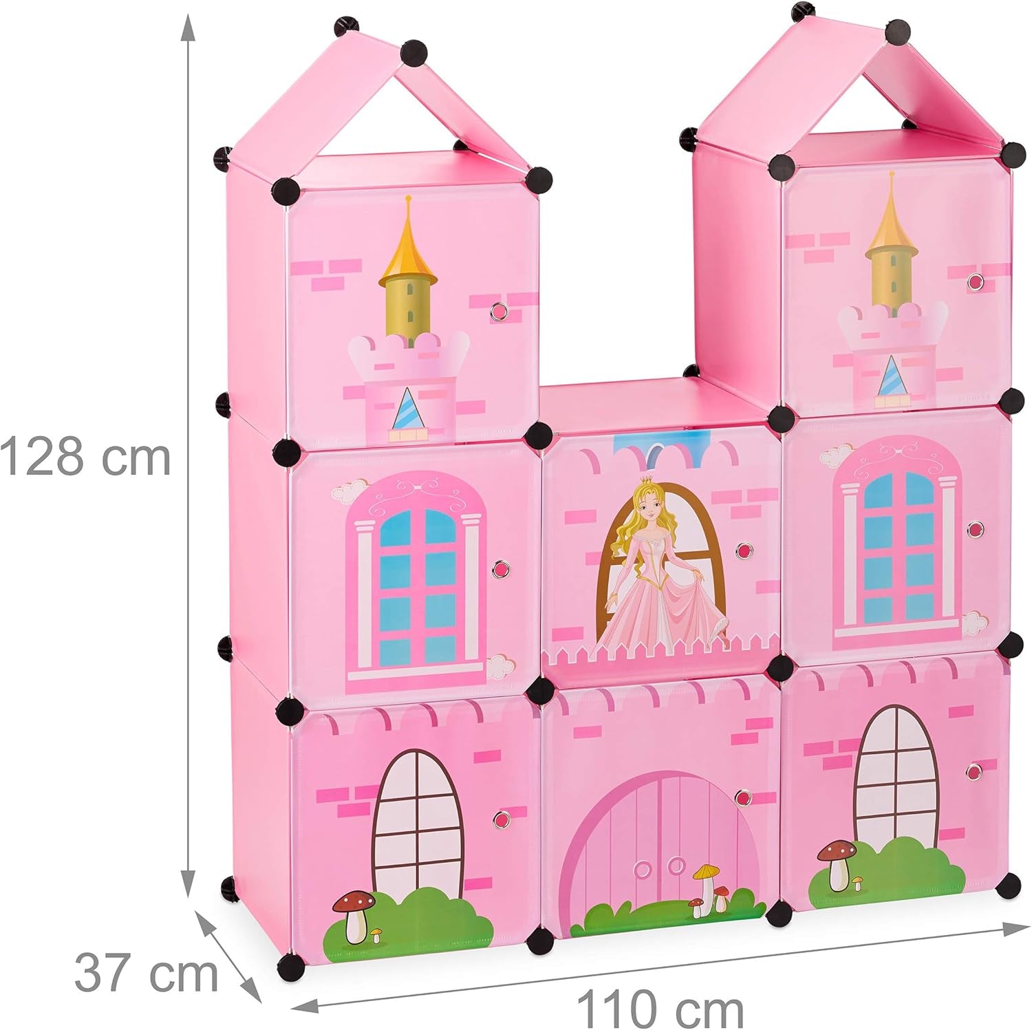 Scaffale modulare Relaxdays per la cameretta dei bambini, design castello principessa, plastica, armadio fai da te con ante, HL: 128 x 110 x 37 cm, rosa