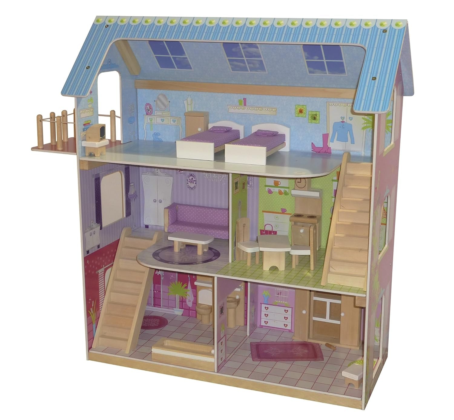 Roba Casa delle bambole Casa delle bambole con mobili e bambole Giocattolo per ragazze Case delle bambole in legno naturale Naty Shop Pastello