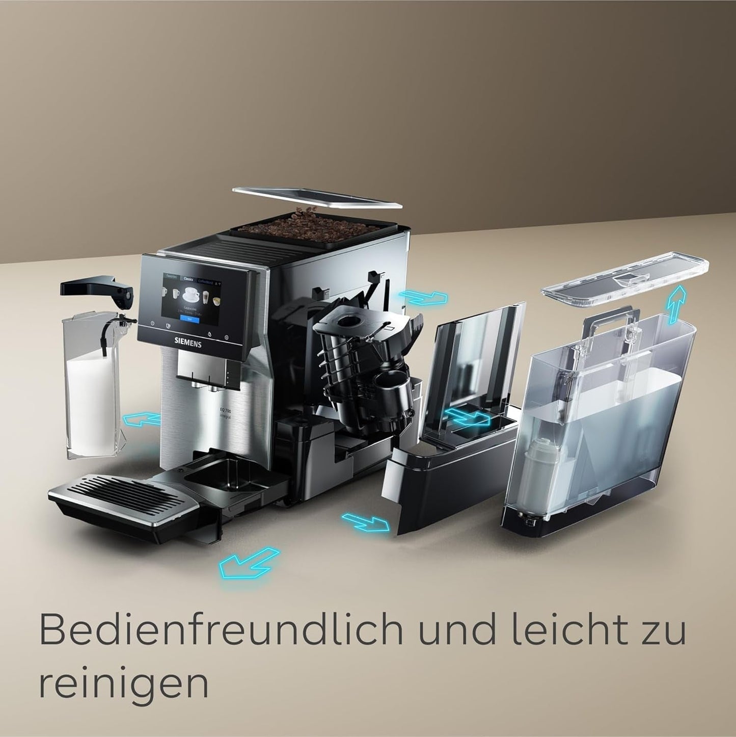 Macchina per caffè espresso completamente automatica Siemens EQ700, ampio schermo TFT a colori, 36 bevande calde e fredde, birra fredda, funzione 2 tazze, controllo app, sistema di pulizia automatico, acciaio inossidabile nero, TQ717D03