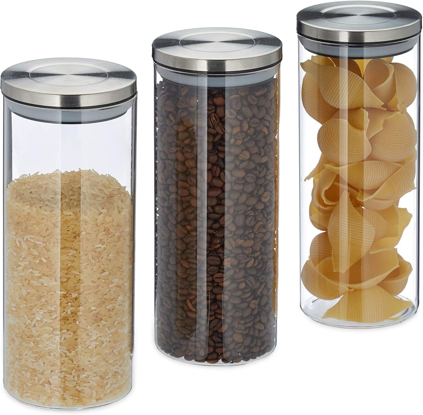 Relaxdays Set di 3 barattoli con coperchio in acciaio inox sigillato per pasta, muesli, riso, contenitore da cucina, 1,5 litri, argento trasparente, 24 x 9,5 x 9,5 cm, argento trasparente, contenitori per alimenti Naty Shop Default Title