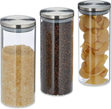 Relaxdays Set di 3 barattoli con coperchio in acciaio inox sigillato per pasta, muesli, riso, contenitore da cucina, 1,5 litri, argento trasparente, 24 x 9,5 x 9,5 cm, argento trasparente, contenitori per alimenti Naty Shop Default Title