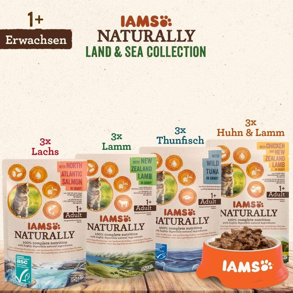 IAMS Alimento Umido Naturale per Gatti in Salsa - Alimento umido di carne e pesce di alta qualità per gatti adulti, Collezione Land & Sea, 12 x 85g