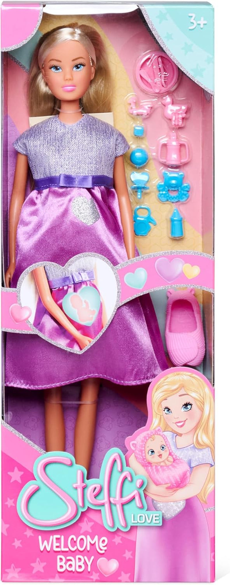 Simba Steffi Love Welcome Baby 29 cm Steffi incinta Confezione da 12 accessori per giochi di ruolo Bambola alla moda con bambola da 4 cm per bambini dai 3 anni in su